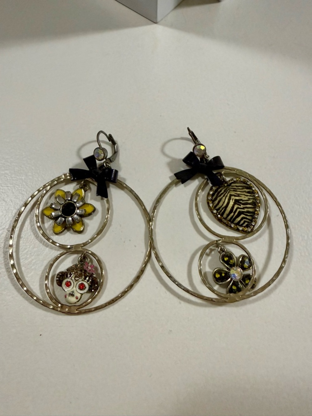 Betsey Johnson Yellow Flower & Doll Hoop Earrings with Black Bow